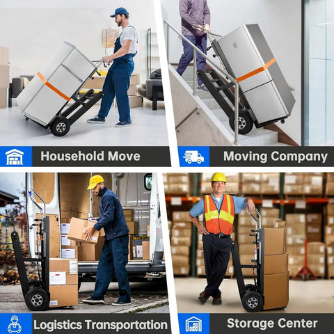 Ralozzd 1250W Electric Stair Climbing Dolly With 900 Lbs Max Load used for household and logistics moving tasks.