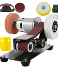 Mini Electric Belt Sander And Knife Sharpener Tool For DIY Enthusiasts showing compact grinder, polishing wheels, and sanding attachments.