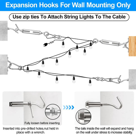 Heavy Duty Outdoor String Light Hanging Kit 170ft Globe Lights Suspension With Expansion Hook Stainless Steel 304 Guide Wire