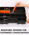 Two Piece 15 Inch Toolbox Organizer Set With 34 Compartments And 20 Removable Dividers, Durable Plastic Case in Black and Orange showing removable divider