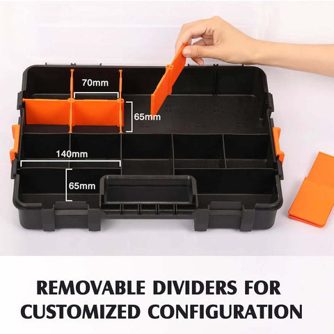 Two Piece 15 Inch Toolbox Organizer Set With 34 Compartments And 20 Removable Dividers, Durable Plastic Case in Black and Orange showing removable divider