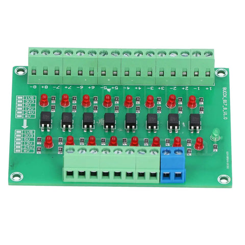 Eight Channel Optocoupler Isolation Module for PLCs 24V Input to 3V3 and 5V Logic Level Shifter Optical Isolation Board, top view