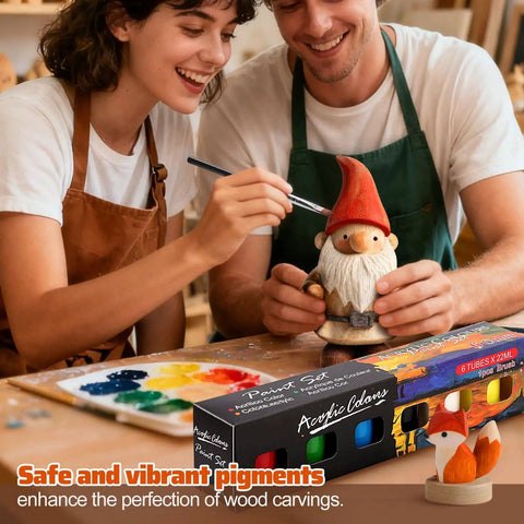 Beginner Wood Carving Kit With Blocks And Tools For Kids And Adults, All In One Whittling Set including paints in use on gnome figure