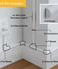 Slick Paintable Cable Cover Kit With Peel And Stick Backing To Easily Hide Cluttered Wall Cords Tv Mount Wires Half Round Wire Raceway Channel In Crisp White Finish, showing included cable raceway and connectors.