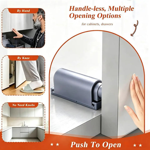 Push To Open Magnetic Cabinet Latch Set Eight Pack Gray No Knob Handleless Touch Latch in use on kitchen cabinet