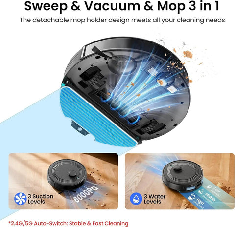 LiDAR Robot Vacuum And Mop Combo with Auto Self-Empty Dock, 6000Pa Suction, visual of suction and water levels, M2 Plus Black.