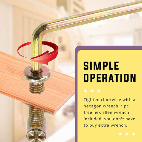 Colored Zinc M6 Hex Socket Head Cap Screws Kit With 20/30/40/50/60/70/80mm Lengths, Barrel Nuts, Crib Baby Bed Bolts, And 1 Allen Wrench showing use on wood piece.
