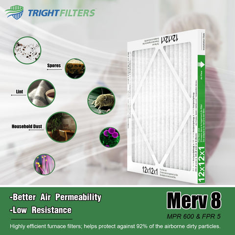 Image of 12X12X1 Air Filter 6 Pack MERV 8 Pleated Replacement for home HVAC AC furnace showing lightweight frame and filtration benefits.