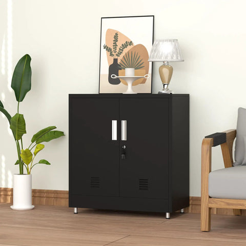 Locking Metal Storage Cabinet With Adjustable Shelves in black, positioned in a modern room next to a chair and plants