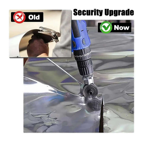 Pro Grade Drill Attachment Kit cutting metal sheet with electric drill, illustrating upgrade from manual cutter.