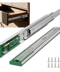 Six Pair 24 Inch Heavy Duty Side Mount Drawer Slides With Whisper Quiet Soft Close Glide showing metal tracks and screws for installation.