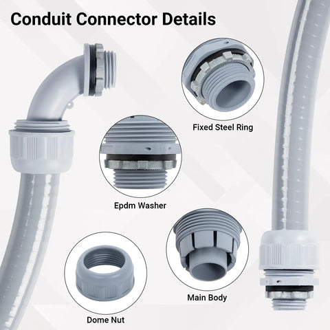 Heavy Duty 1/2 Inch 100 Ft Liquid Tight PVC Electrical Conduit Kit detailed view of connectors and fittings highlights parts for easy installation.