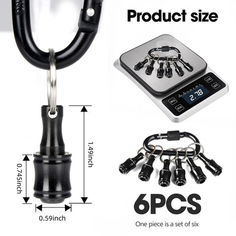 One Quarter Inch Hex Shank Bit Holder Extension Bar Keychain Screw Adapter For Handheld Screwdrivers 6-piece set with measurements.