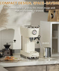 Home Barista Espresso Machine Generating Solid 20 Bar Pressure, Instant Heat Activation, Adjustable Steam Wand Crafting Hella Silky Latte Art, 42 Oz Tank, Cream on kitchen counter with mugs and pastries.