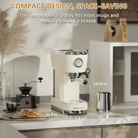 Home Barista Espresso Machine Generating Solid 20 Bar Pressure, Instant Heat Activation, Adjustable Steam Wand Crafting Hella Silky Latte Art, 42 Oz Tank, Cream on kitchen counter with mugs and pastries.