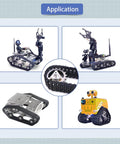 Various models using Adjustable Robot Tank Track Kit With Drive Gears And Pin Removal Tool For DIY RC Cars, Robotics Builds, And Model Vehicles.