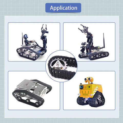 Various models using Adjustable Robot Tank Track Kit With Drive Gears And Pin Removal Tool For DIY RC Cars, Robotics Builds, And Model Vehicles.