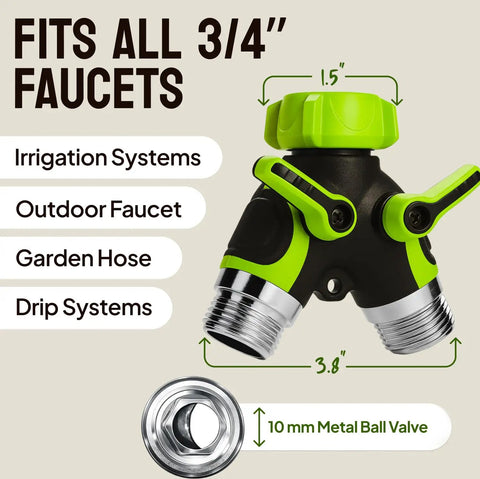 Heavy Duty 2 Way Hose Splitter Built Tough Metal Y Connector With No Fuss Shutoff Valves For Spigot Brass Outdoor Faucet Adapter Three Quarter Inch GHT Water Hose Connector Green fits 3/4" faucets