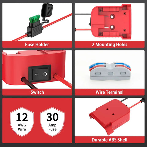 Milwaukee 18V Battery Power Wheel Adapter Kit Two Pack With Built In Switch Fuse Holder Wire Terminals And 12AWG Wire, detailed view