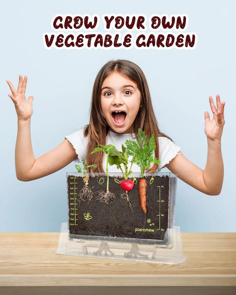 Girl excitedly holding Six Seed Varieties Kid Friendly Garden Kit for Hands On STEM Learning with visible root growth.
