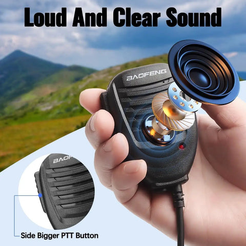 Hand holding Ham Radio Speaker Microphone For UV 9G UV 9R Pro Walkie Talkies with speaker diagram and mountains in background
