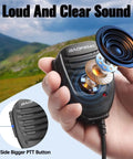 Rugged Ham Radio Speaker Mic For UV-5R Mini And UV-5G Plus Series 2 Pack with 2 Pin K Plug featuring PTT button in hand.