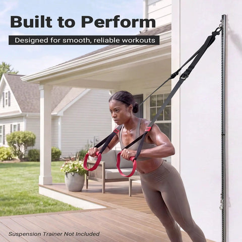 Solid Dual Sliding Wall Anchor Rail System With Adjustable Height For Resistance Bands And Suspension Trainers Made From Heavy Duty Aluminum in use outdoors.