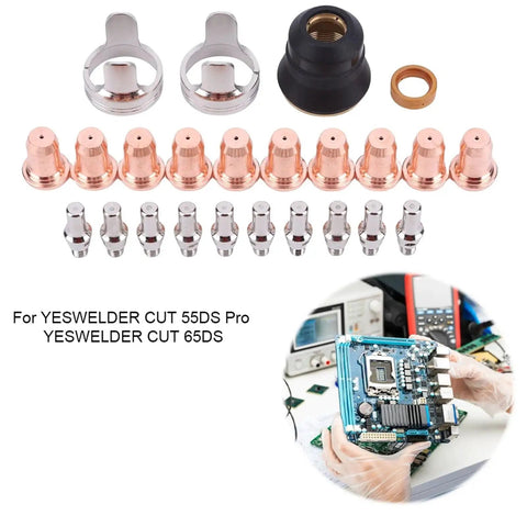 Top Tier 24 Pcs Plasma Cutter Consumables Set For Yeswelder Cut 55ds Pro And 65ds Torch with copper electrodes and nozzles.