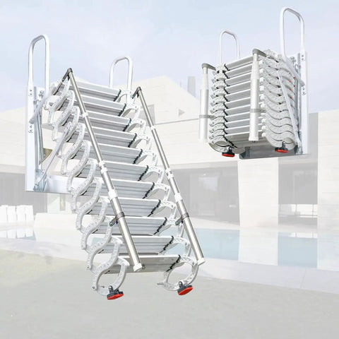 Slick Electric Telescopic Attic Staircase Built With A Rock Solid Alloy Frame And Extra Wide Non Slip Steps For Smooth Loft Access in a sleek, folded design.
