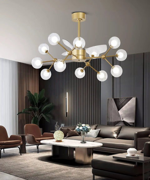 52 Inch Modern Ceiling Fan With Remote Control, 3 Reversible Blades, Glass Shade Kit, 12 Lights Golden Finish, Energy Efficient Quiet Motor, Ideal For Living Room Or Bedroom, Dimmable Light Options Included