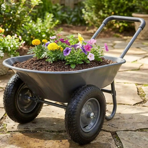 Heavy Duty Garden Wheelbarrow Cart With Dual Wheels And Built In Stand hauling soil and colorful flowers on a stone path