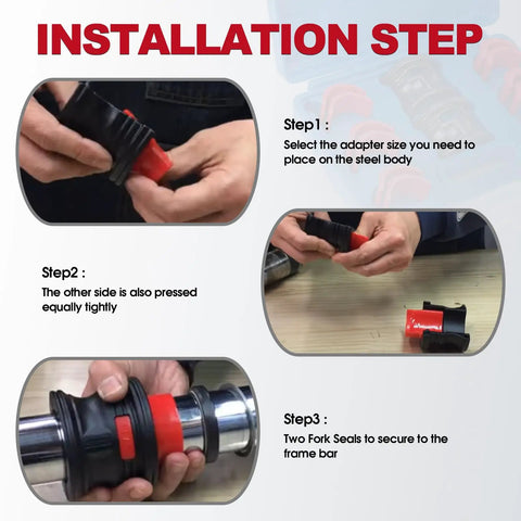 Installation guide for Universal Motorcycle Fork Seal Driver Kit 14 Pcs Set with adapter application and fork seal placement steps.