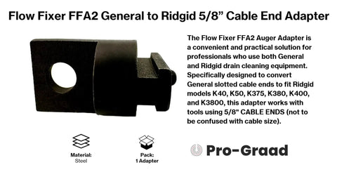 Flow Fixer FFA2 universal general to Ridgid drain cleaner adapter for slotted cable ends converts General ends to fit Ridgid models with five eighths inch cable ends.