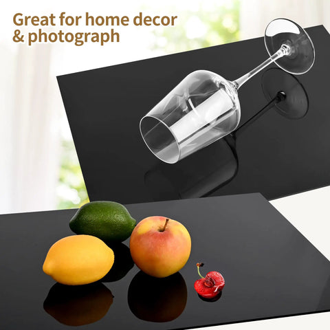 4 Pack Black Acrylic Sheets 8 X 12 Inches 1/8 Inch Thick 3mm Plexiglass For DIY Home Decor Crafting Painting Photography Switch Panels Display Stands With Protective Film showcasing reflective surface with fruit and glass