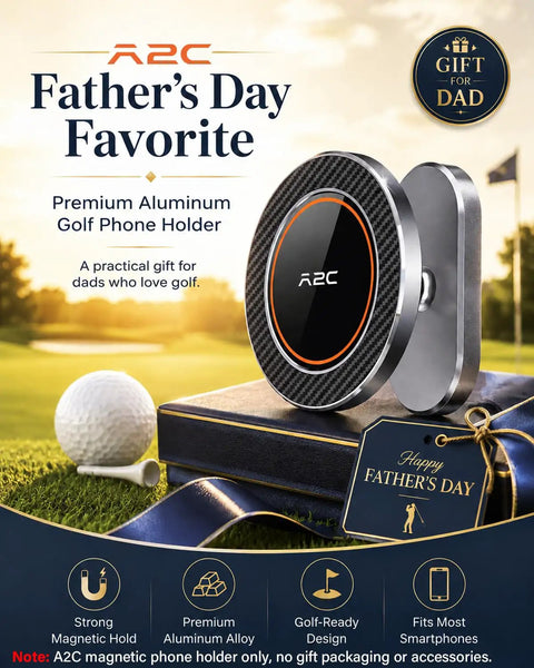 MagSafe Dual Magnetic Golf Cart Phone Holder with Aluminum Alloy Construction displayed as a Father's Day gift on golf course.