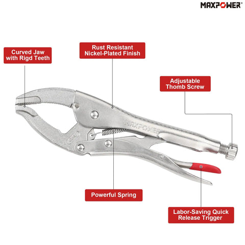 10 Inch Curved Jaw Locking Pliers Set With 2.5 Inch Opening And 65mm Max Capacity, heavy-duty pliers with adjustable screw