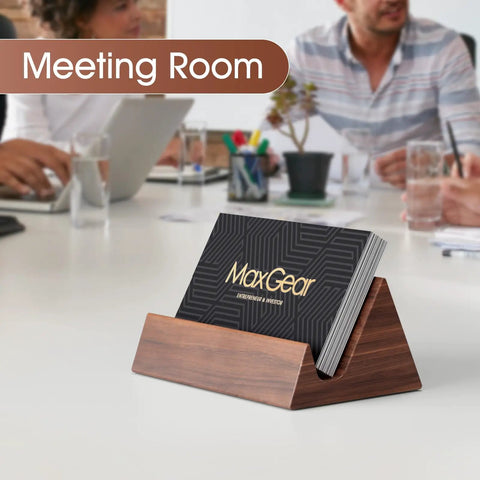 Walnut Wood Card Holder And Desk Organizer For Storing And Displaying Cards, Sleek Mountain Style Card Stand in meeting room