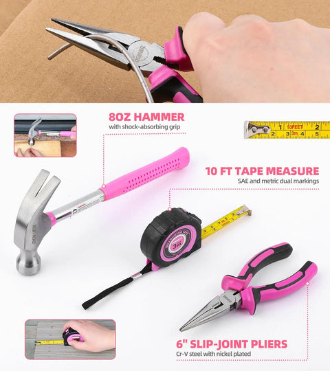 Pink 116 Piece Tool Kit With 3.6V USB Cordless Screwdriver For Women And Girls Includes Hammer Adjustable Wrenches Pliers Tape Measure
