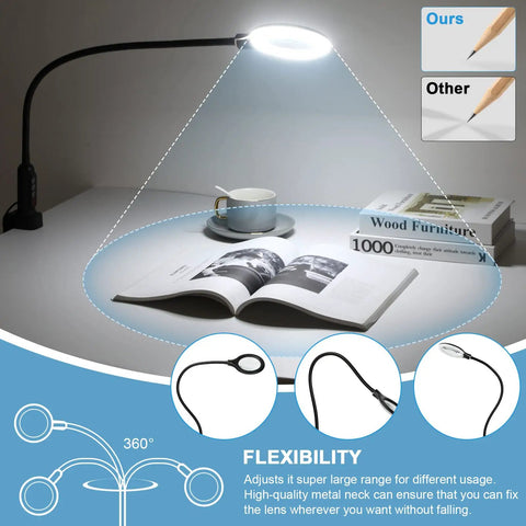 26 Inch Gooseneck Magnifying Lamp With Clamp Stepless Dimmable LED Desk Light 5 Color Modes 8x Real Glass Magnifier Hands Free For Painting Close Work Craft And Hobby Projects