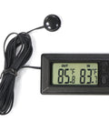 Smart digital car thermometer with dual display for exterior and interior temperatures; black rectangular unit with long wired probe