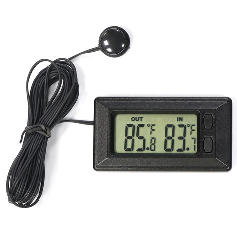 Smart digital car thermometer with dual display for exterior and interior temperatures; black rectangular unit with long wired probe