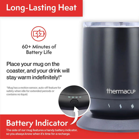 Electric Smart Coffee Mug With Led Display And Precise Temperature Control Keeps Your Daily Grinds Piping Hot Auto Shut Off Feature Three Custom Heat Settings For Flawless Sips Everywhere with battery indicator and motion sensor.