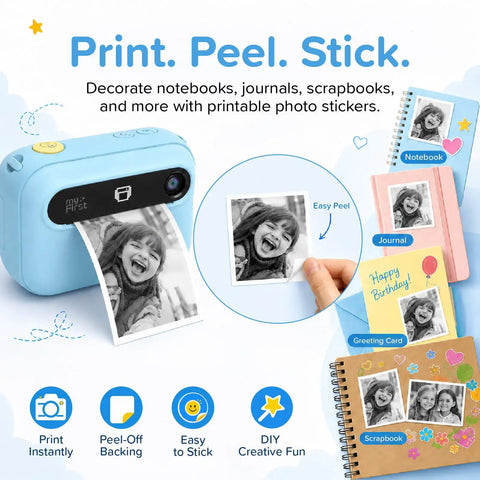 Kids Instant Print Camera Kit With 16MP Sensor, 9 Rolls Paper, Travel Case And Wearable EVA Case, Prints Up To 450 Photos, Durable Lightweight Gift For Ages 4 To 12, Your Kid's New Travel Photo Buddy. Blue kid camera printing peel-off photo stickers for notebooks, journals