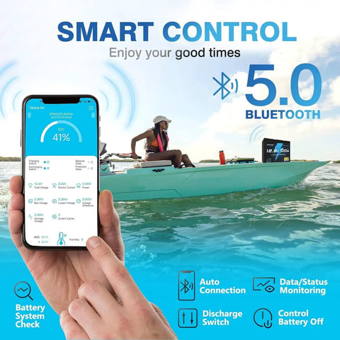 Person on boat using smartphone showing 12V 100Ah LiFePO4 Battery With Bluetooth 5.0 And 100A BMS Low Temp Protection monitoring app.