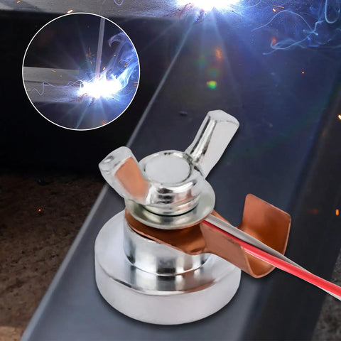 Close-up of Heavy Duty Welding Magnetic Grounding Clamp With Ultra Strong Magnet in use on metal surface, sparks visible