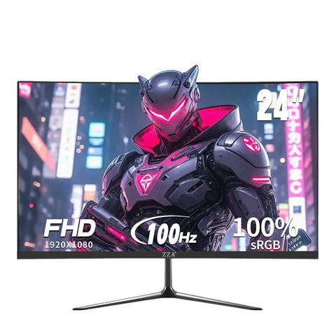 24 Inch Curved Computer Monitor With 100Hz FHD 1920x1080, 2800R Immersive Display showing futuristic armored character on screen.