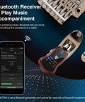 Guitar Headphone Amp Mini Portable Pocket Size With Rechargeable Battery Travel Ready For Electric Guitar Bass And Acoustic Includes Bluetooth Receiver Five Effects Clean Chorus Flanger Metal Wah, shown with guitar and phone app.