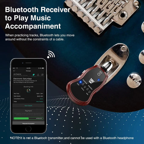 Guitar Headphone Amp Mini Portable Pocket Size With Rechargeable Battery Travel Ready For Electric Guitar Bass And Acoustic Includes Bluetooth Receiver Five Effects Clean Chorus Flanger Metal Wah, shown with guitar and phone app.