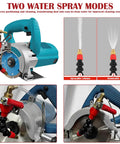 Plug And Go Dust Control Water Sprayer For Angle Grinders With 16-Foot Reinforced Hose showcasing two water spray modes for effective dust control.