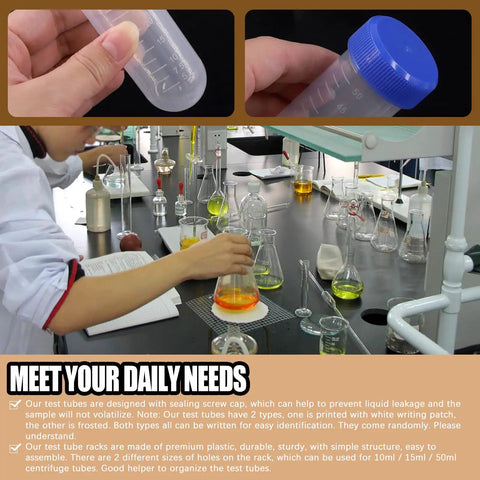 28 Well Plastic Test Tube Rack Kit With Detachable Stand And Blue Orange Rack Includes 25 Pieces Of 50ml Flat Bottom Centrifuge Tubes With Screw Caps Graduated Non Pyrogenic Tubes For Precise Lab Work And Safe Storage, featuring laboratory use.